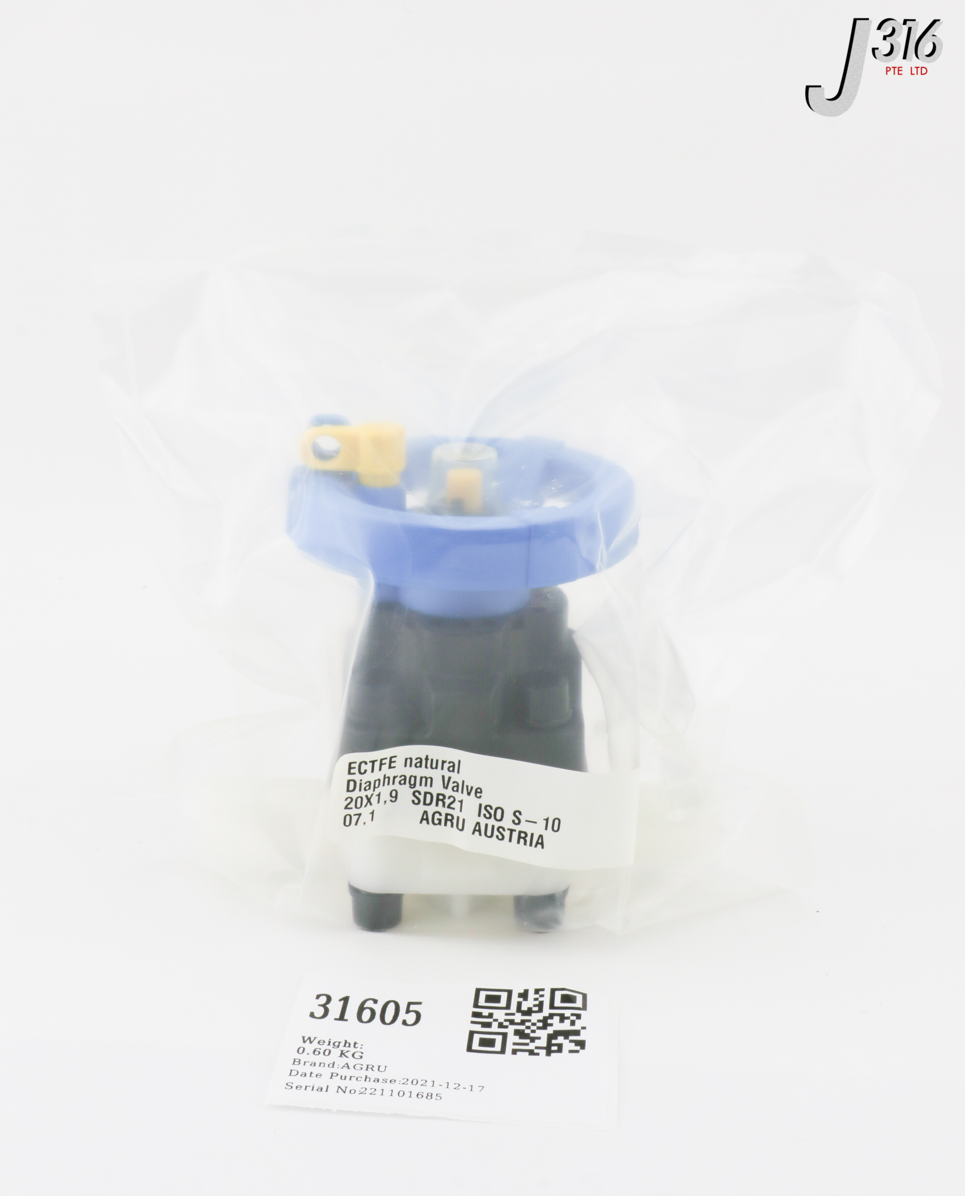 チョイス 31605 AGRU DIA VLV, ECTFE NATURAL, 20X1,9 SDR21 ISO S-10 (NEW